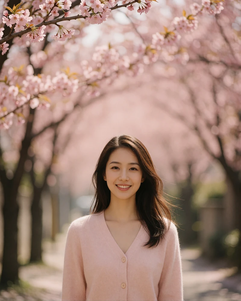 Japanese member with loose hair smiling on a quiet lane beneath blossoming trees in soft daylight