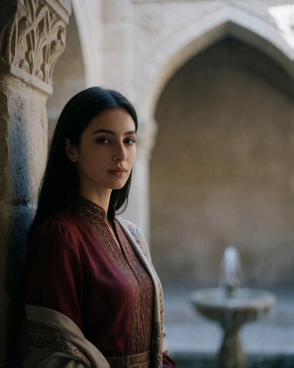 Tajik woman in a garnet blouse standing three quarters toward the camera in a shaded stone courtyard