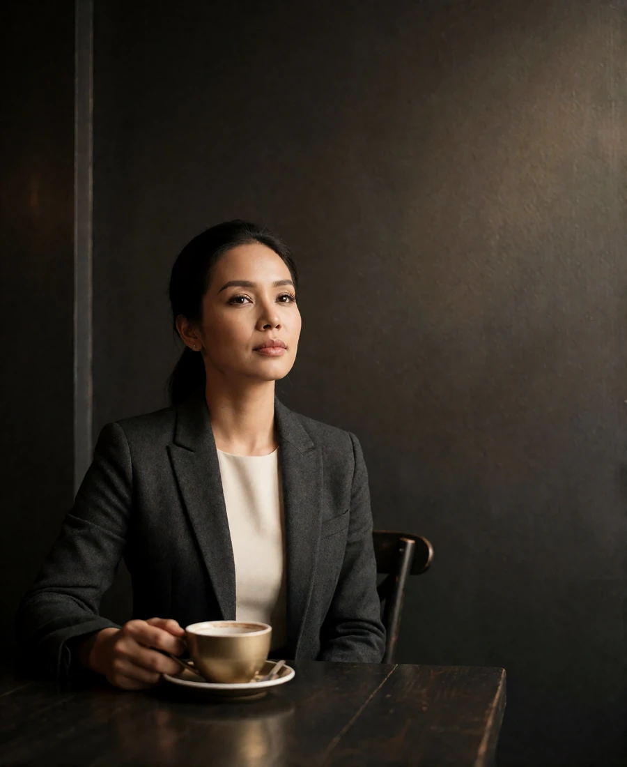 Cambodian member in a charcoal blazer sitting at a table in an upscale cafe