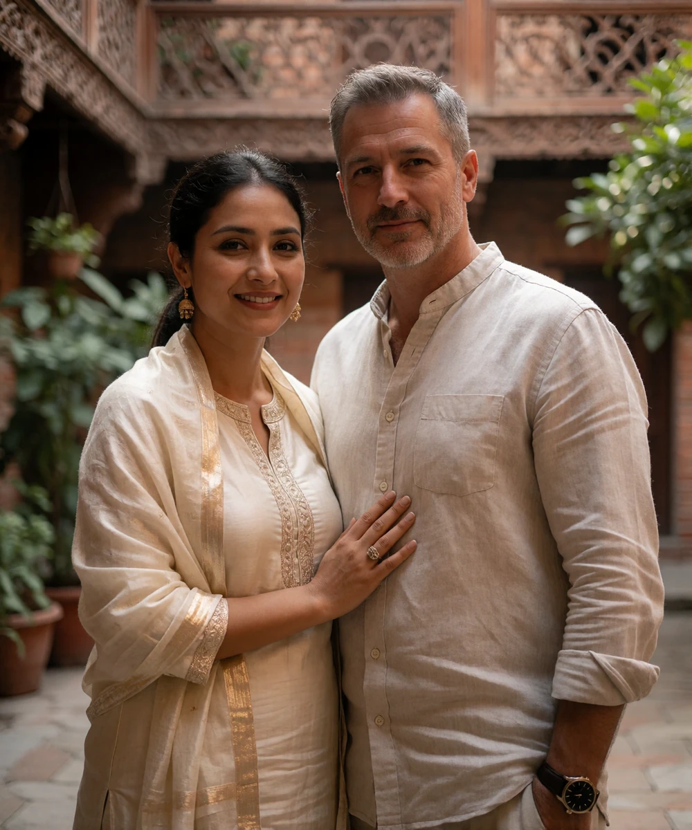 Couple standing together in a quiet brick courtyard with carved wooden balconies in the background