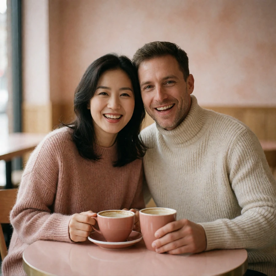 Couple laughing together at a small café table, a Korean woman and a Western man sharing coffee