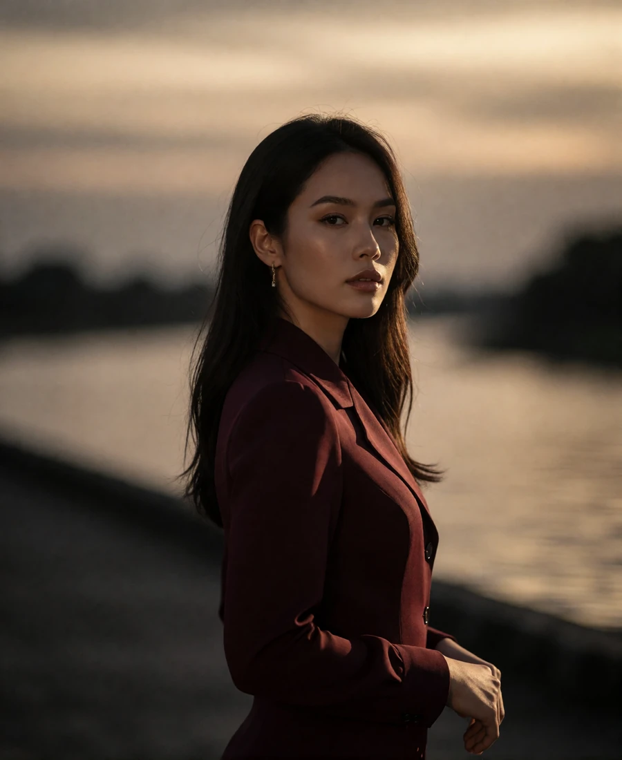 Cambodian member in a deep garnet blouse standing on a riverside walkway at dusk