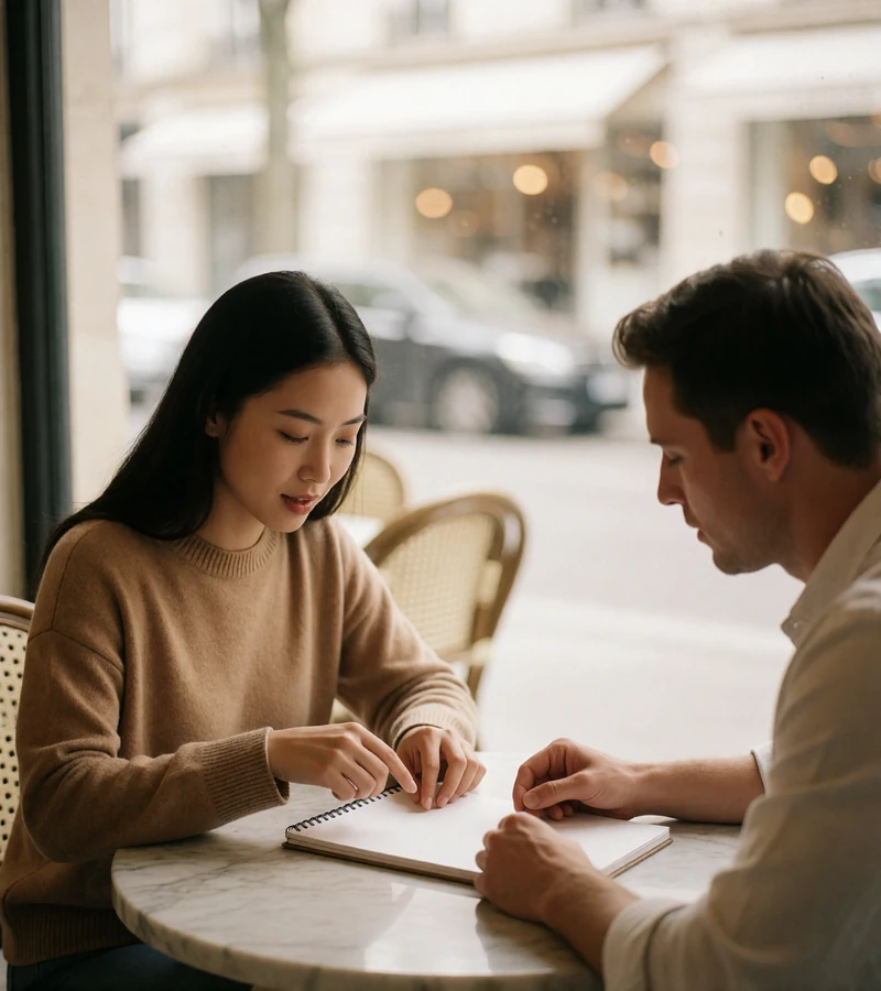 Couple leaning over a notepad at a marble café table while planning travel and budget together