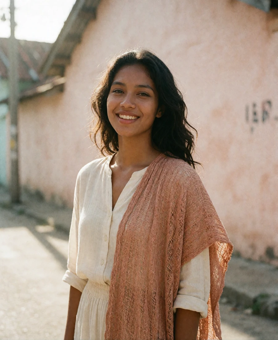 Timorese member with dark wavy hair smiling on a sunlit street in the early morning