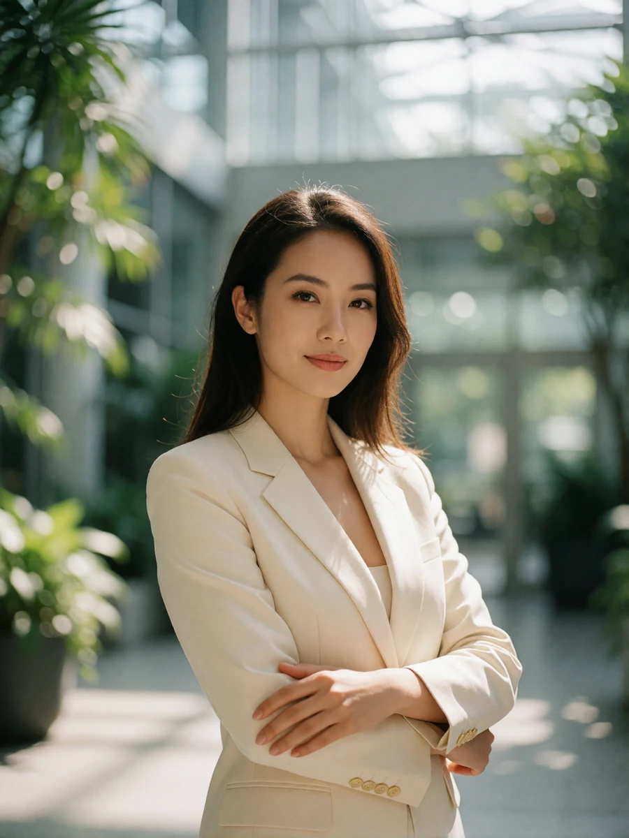 Composed Singaporean woman in a tailored ivory blazer standing in a bright glass and greenery atrium
