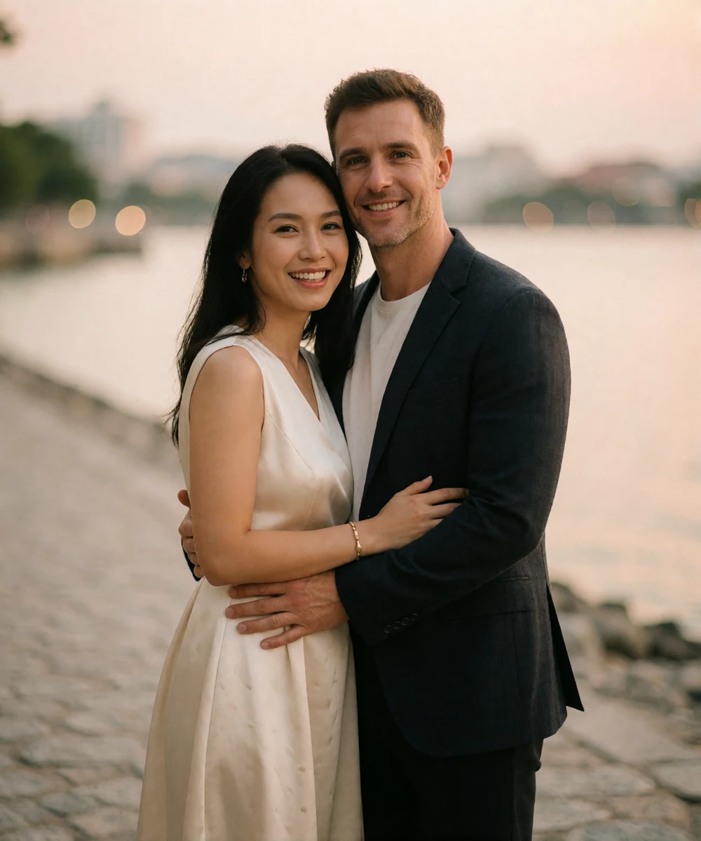Couple smiling together on a waterfront promenade with a blurred skyline behind them