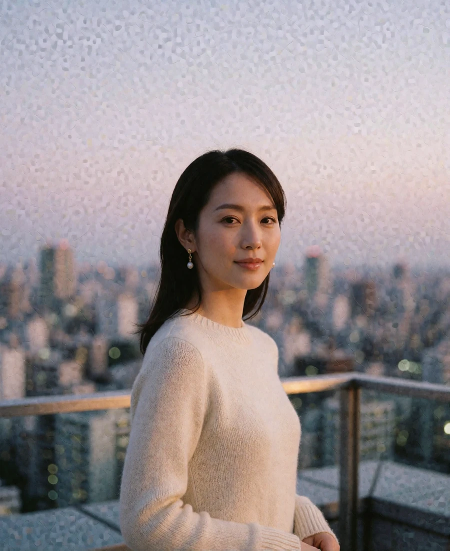 Verified Japanese member in an ivory knit standing on an upscale rooftop terrace at golden hour
